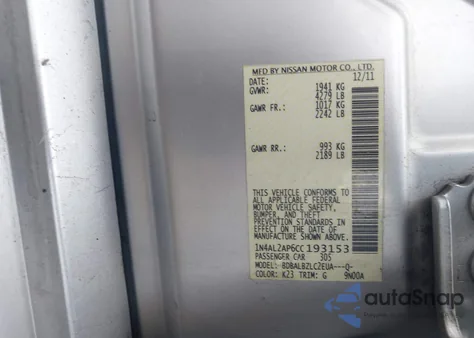 2012 Nissan Altima 2.5 S z USA, uszkodzony, nr VIN 1N4AL2AP6CC193153